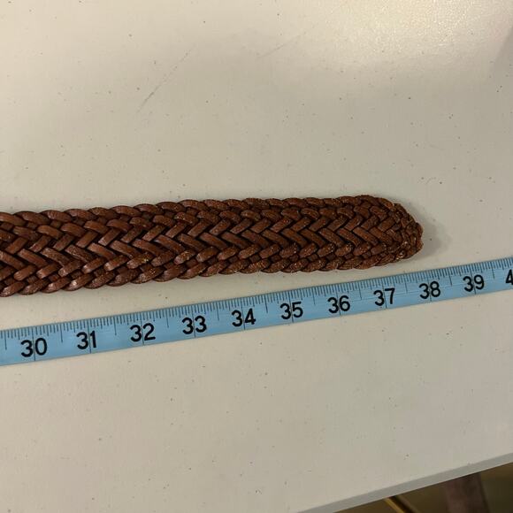 Vintage 90s Tan Woven Weaved Genuine Leather Square Floral Buckle Belt Size SM - Picture 7 of 9